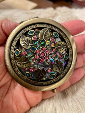 Vintage Brass Compact Mirror with Floral Decorative Gem Accents